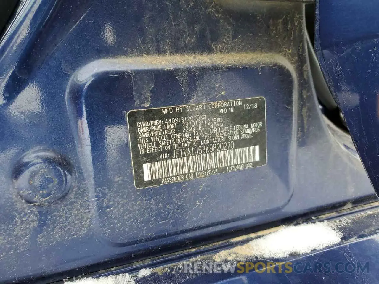 13 Photograph of a damaged car JF1VA1J63K9820220 SUBARU WRX 2019