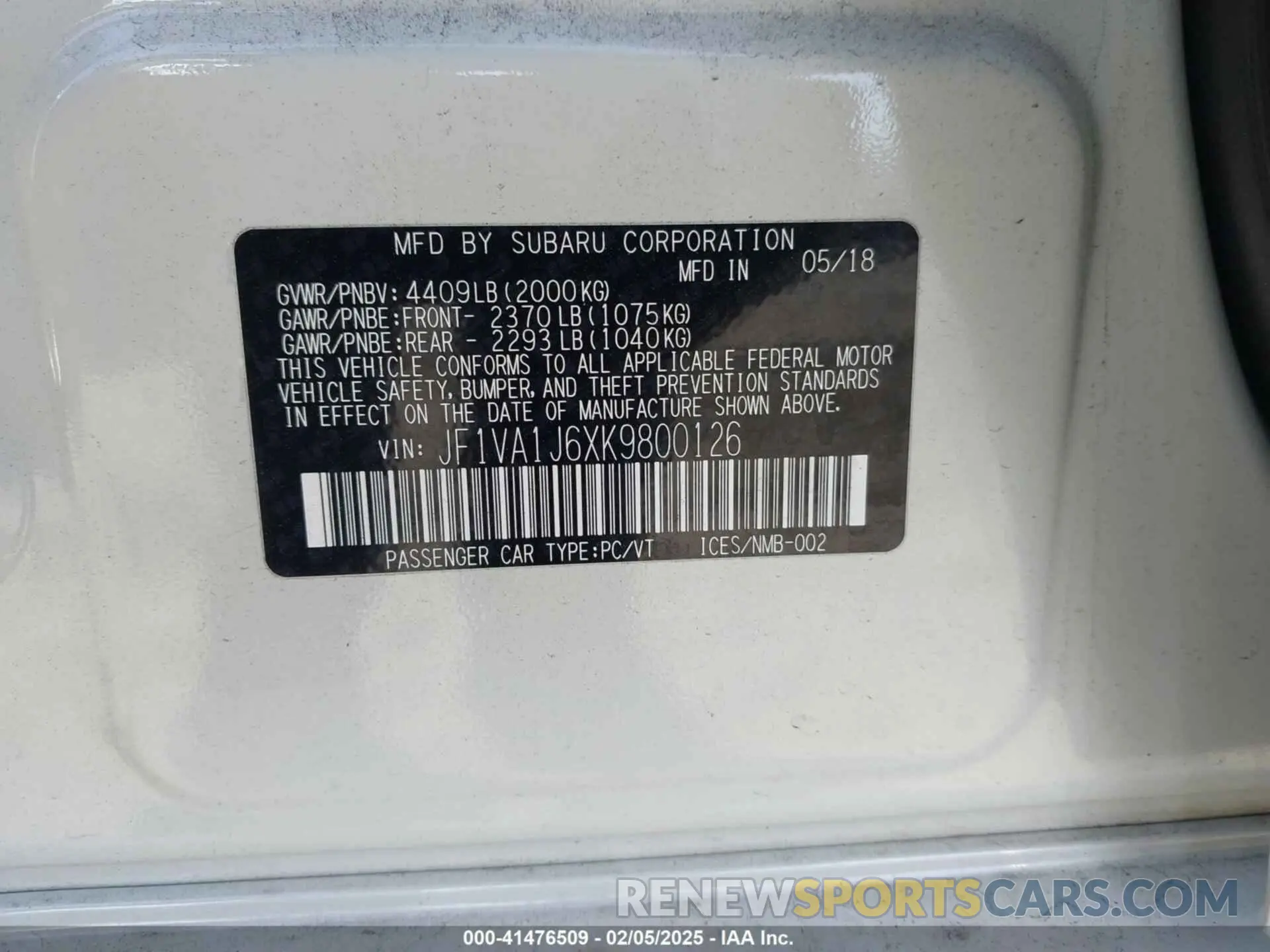 9 Photograph of a damaged car JF1VA1J6XK9800126 SUBARU WRX 2019