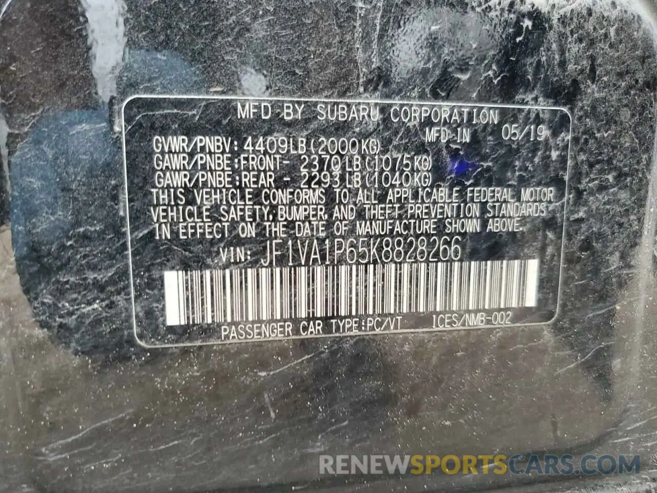 15 Photograph of a damaged car JF1VA1P65K8828266 SUBARU WRX 2019