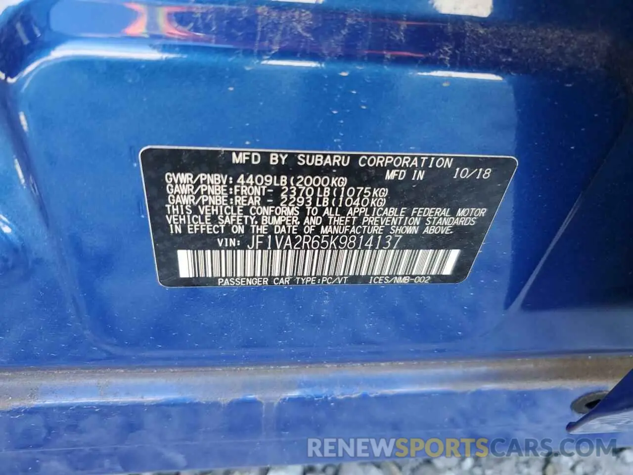 12 Photograph of a damaged car JF1VA2R65K9814137 SUBARU WRX 2019