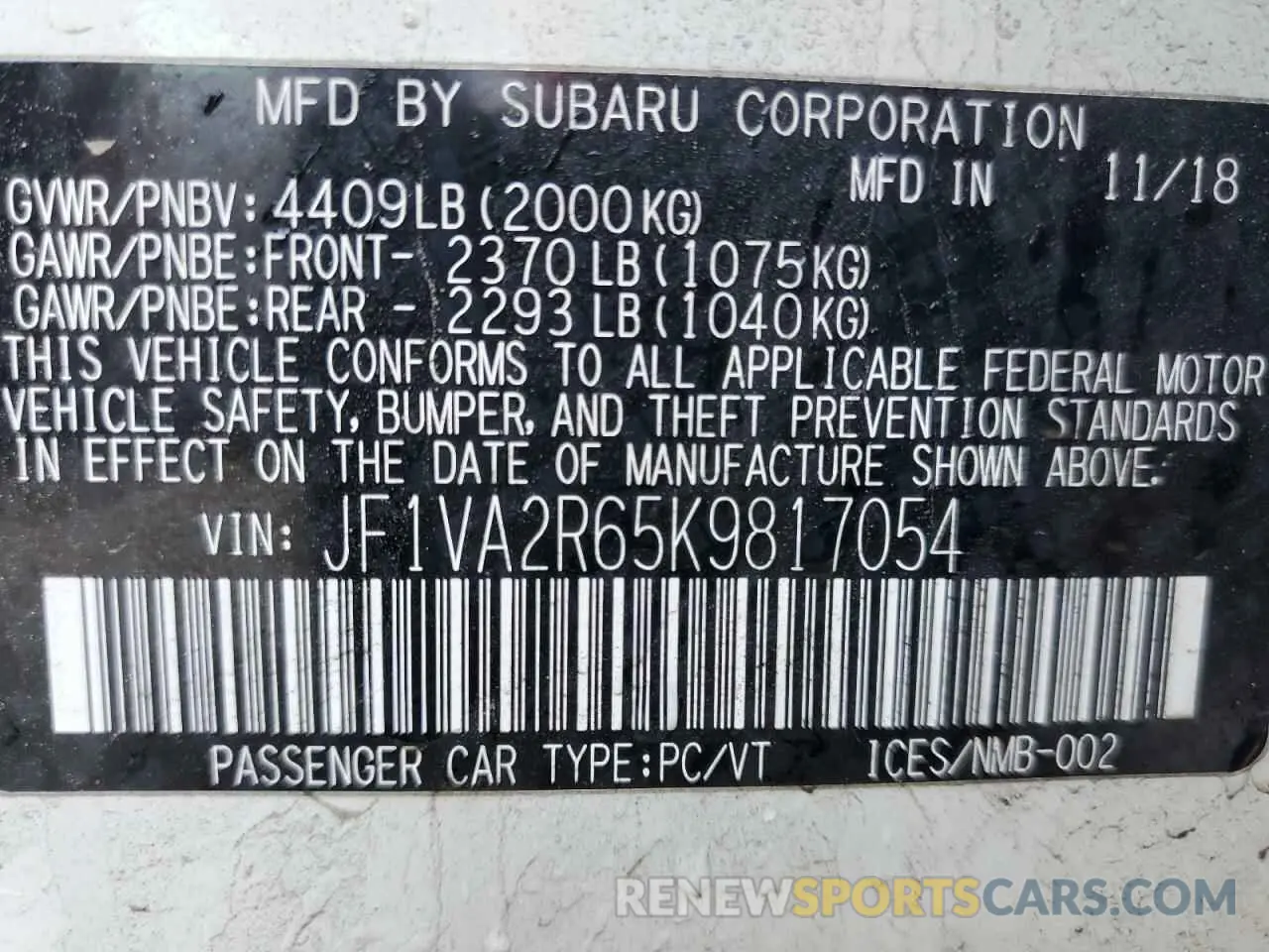 12 Photograph of a damaged car JF1VA2R65K9817054 SUBARU WRX 2019