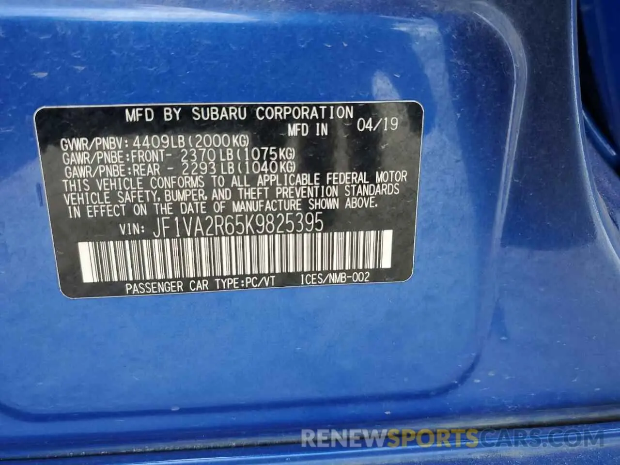 13 Photograph of a damaged car JF1VA2R65K9825395 SUBARU WRX 2019
