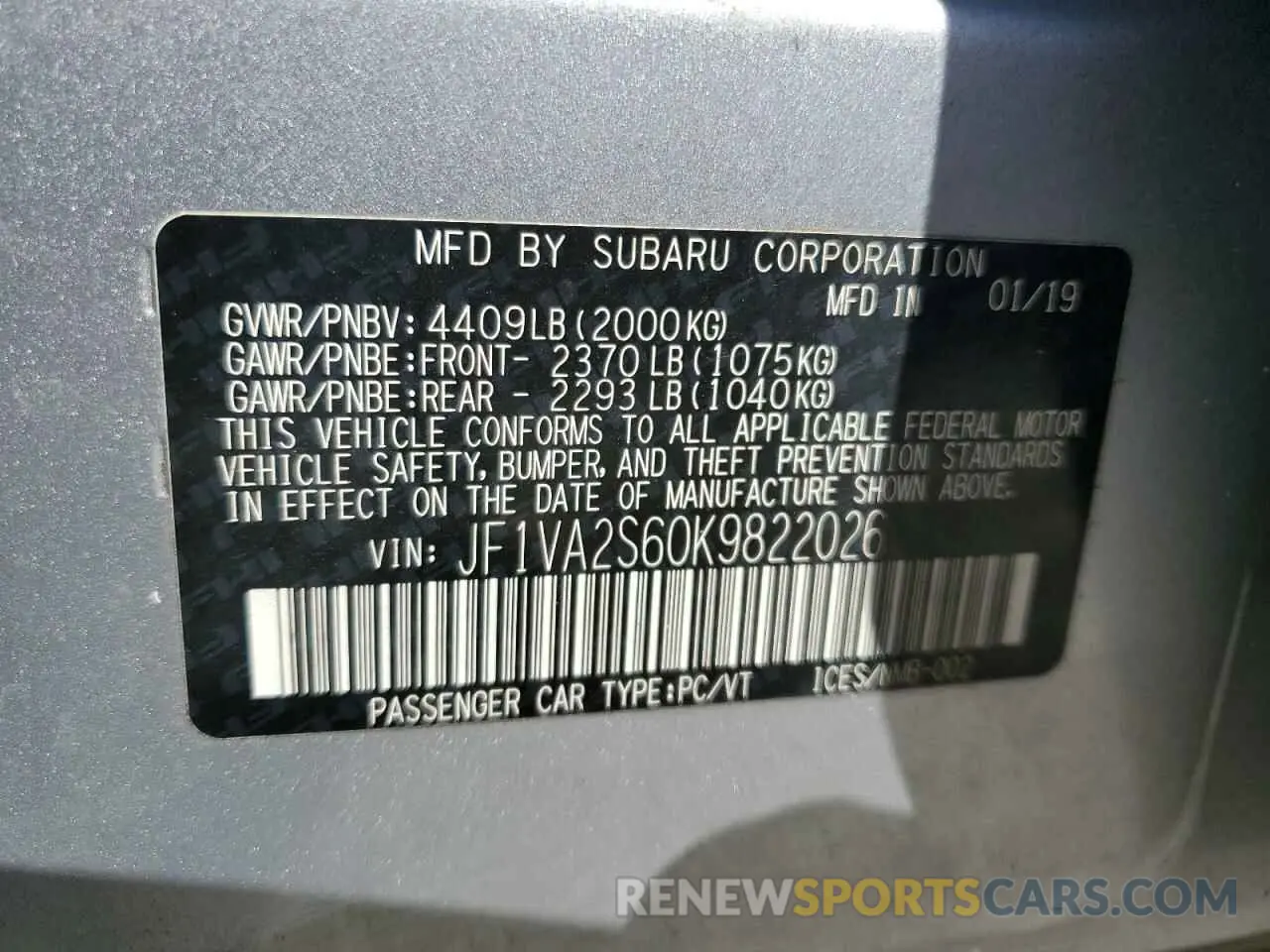 13 Photograph of a damaged car JF1VA2S60K9822026 SUBARU WRX 2019