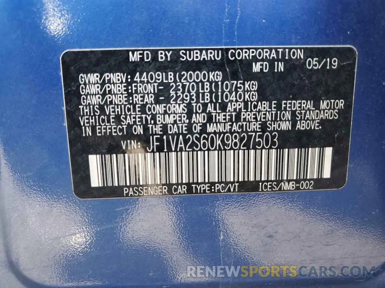 12 Photograph of a damaged car JF1VA2S60K9827503 SUBARU WRX 2019