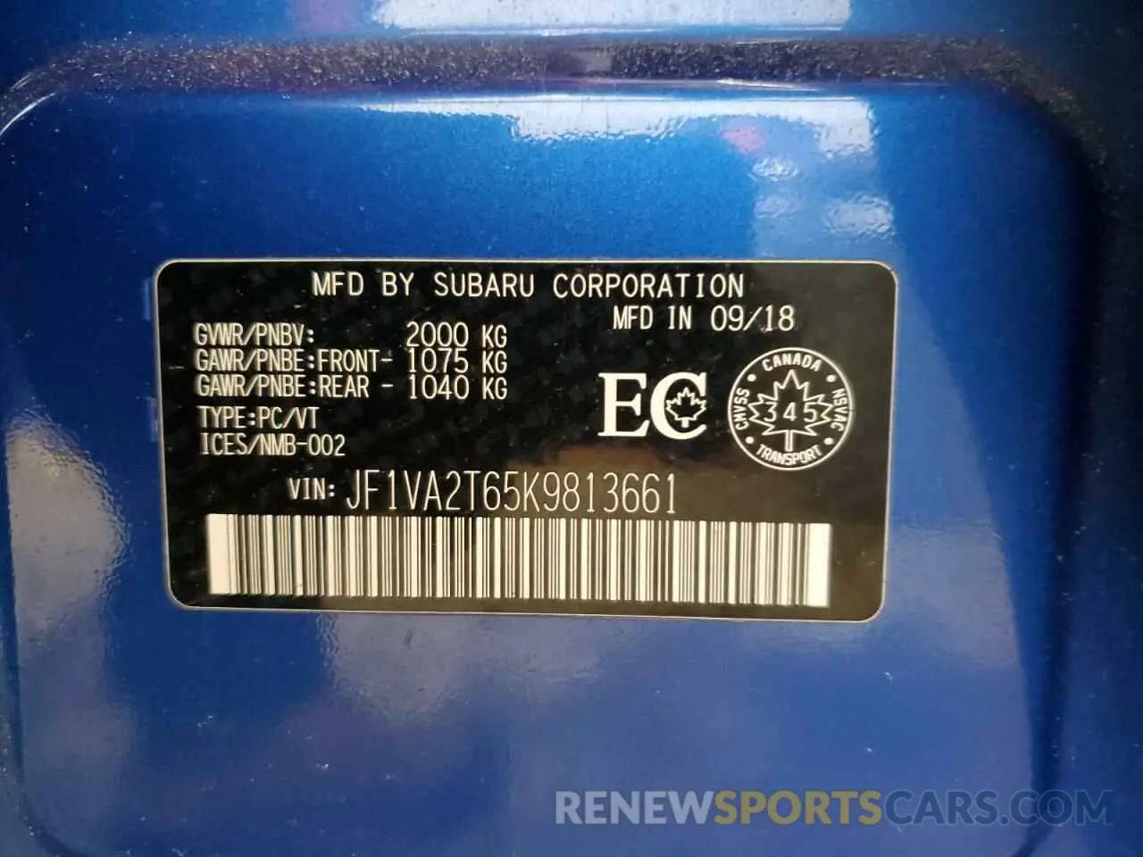 13 Photograph of a damaged car JF1VA2T65K9813661 SUBARU WRX 2019