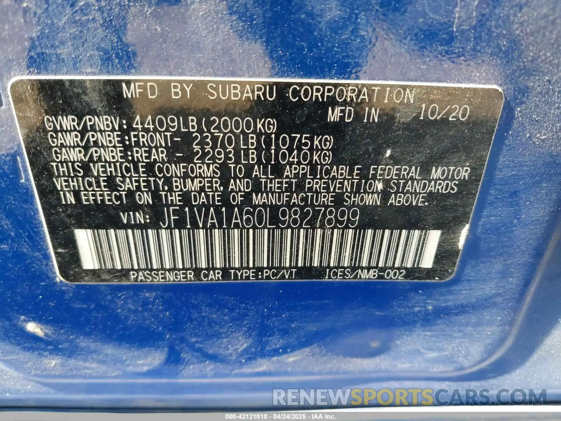 9 Photograph of a damaged car JF1VA1A60L9827899 SUBARU WRX 2020