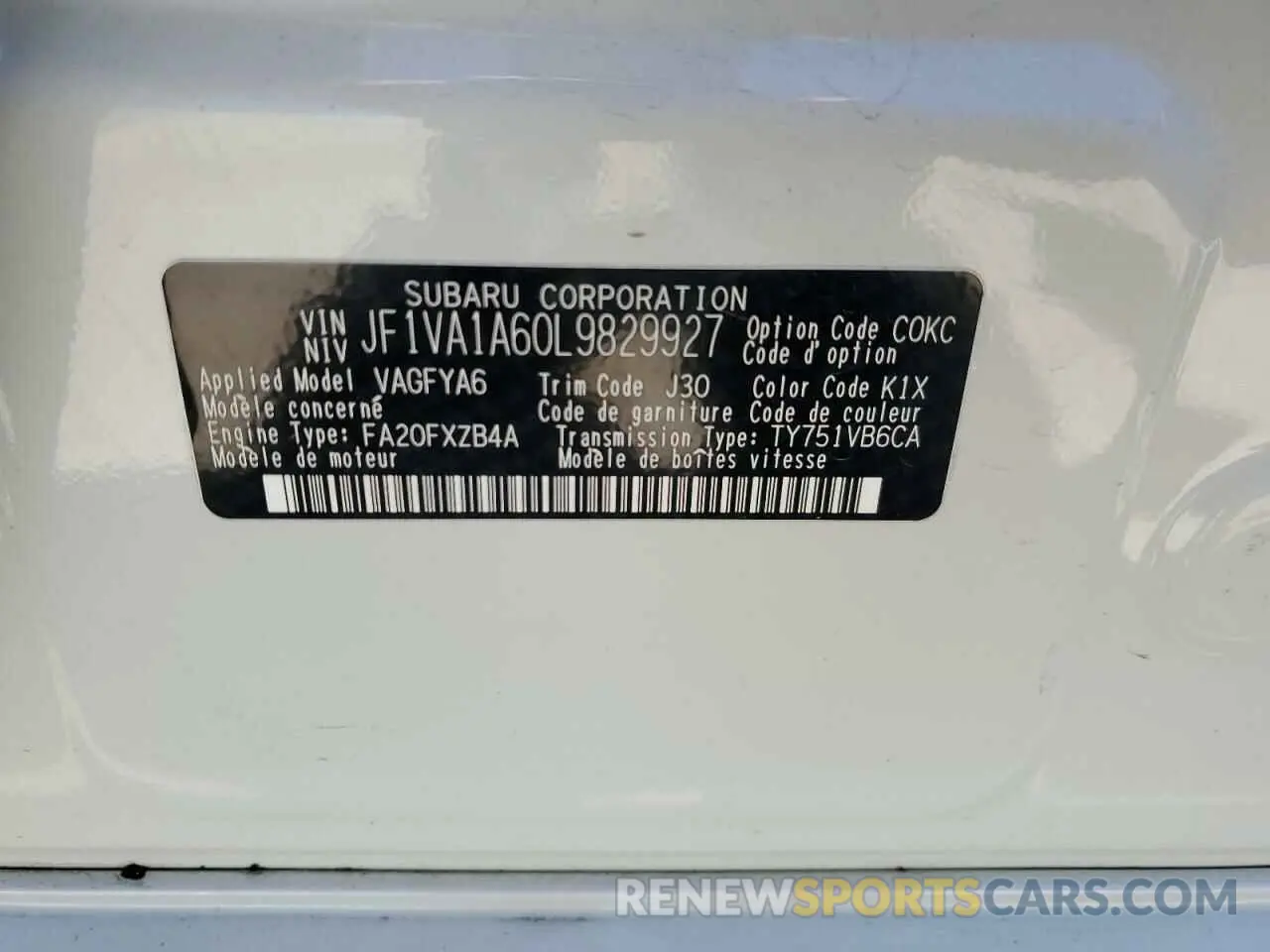 13 Photograph of a damaged car JF1VA1A60L9829927 SUBARU WRX 2020