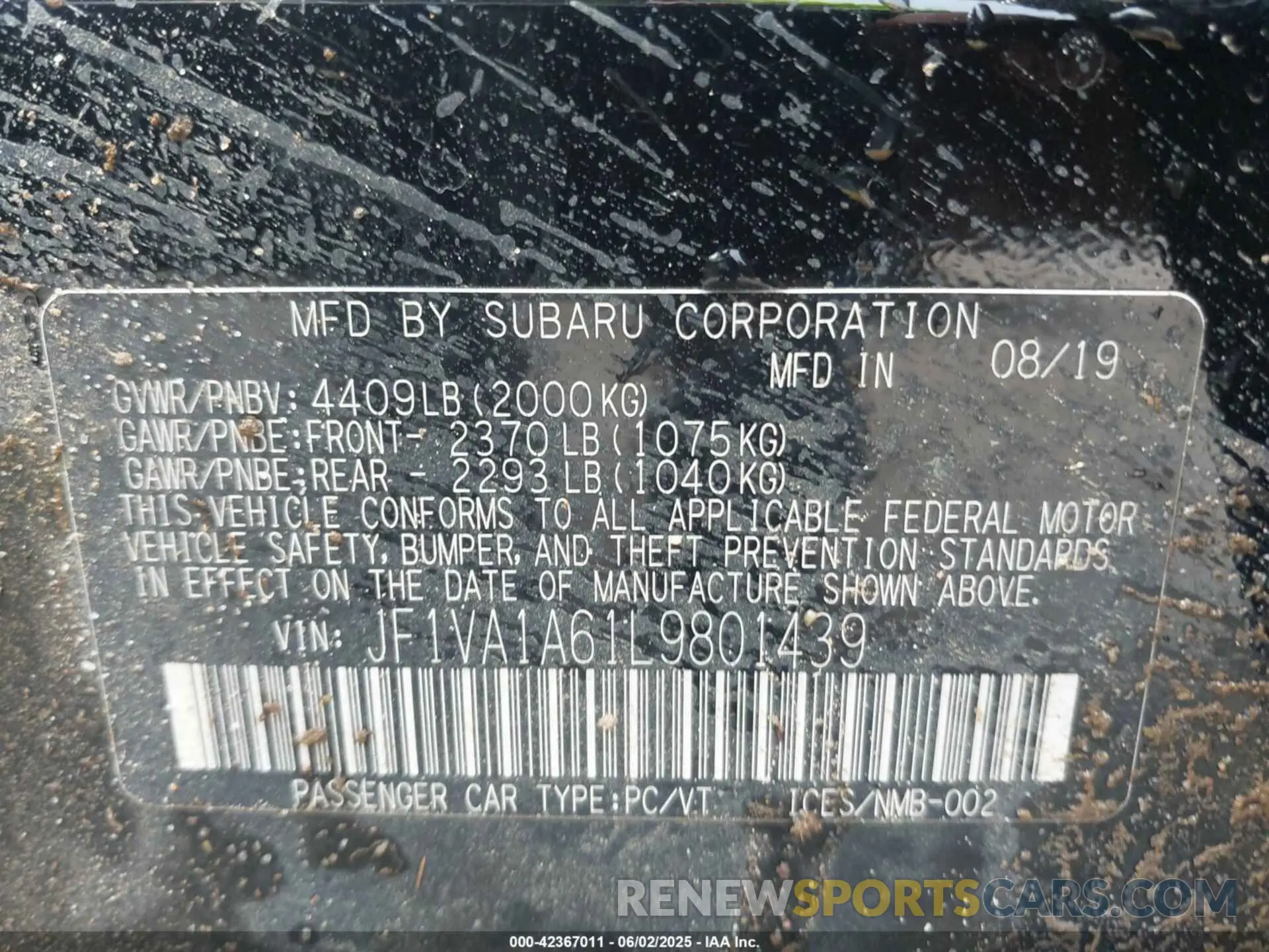 9 Photograph of a damaged car JF1VA1A61L9801439 SUBARU WRX 2020