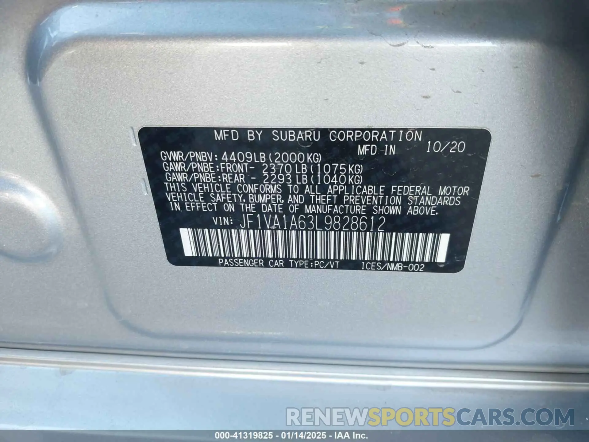 9 Photograph of a damaged car JF1VA1A63L9828612 SUBARU WRX 2020