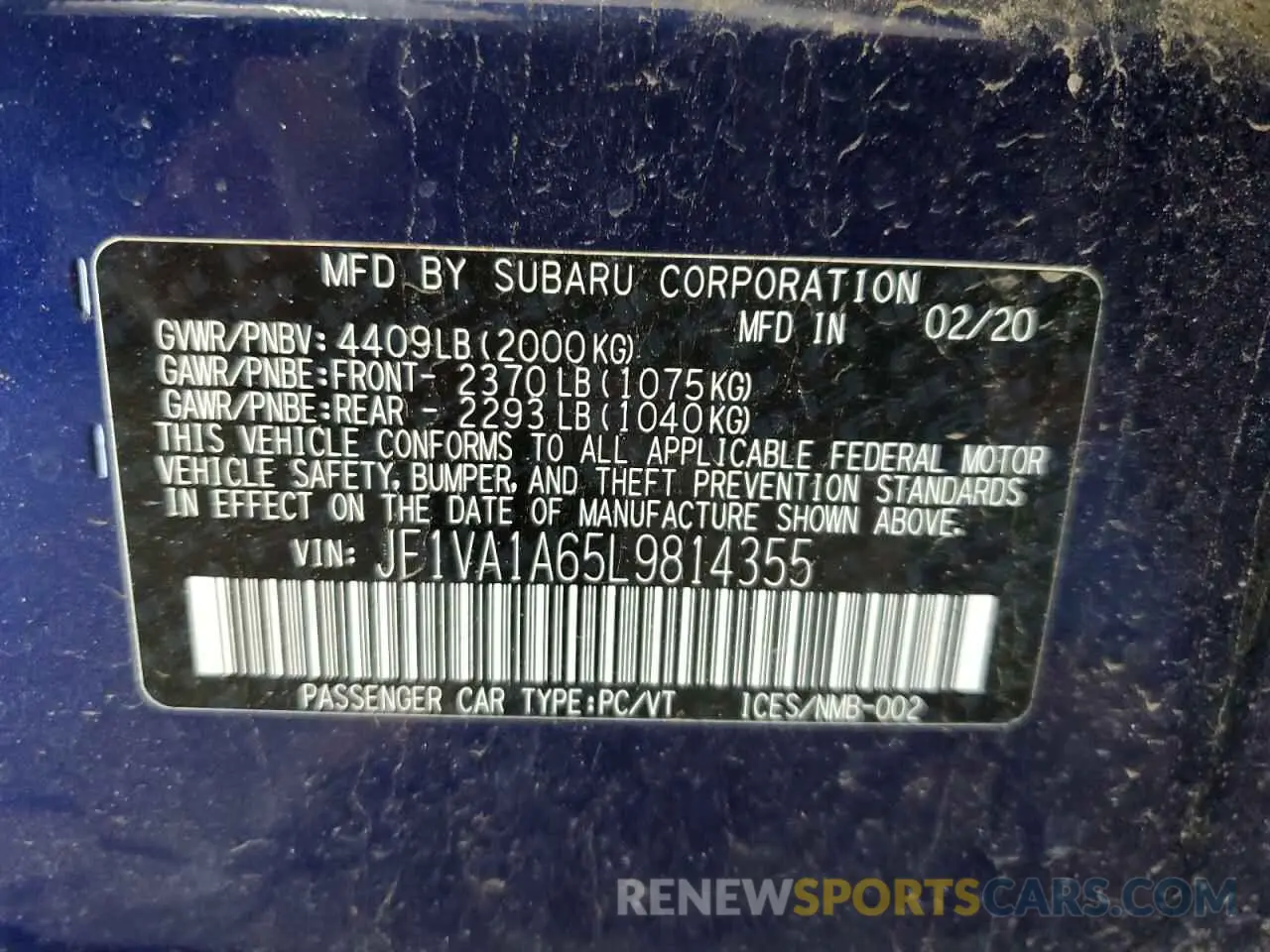 13 Photograph of a damaged car JF1VA1A65L9814355 SUBARU WRX 2020