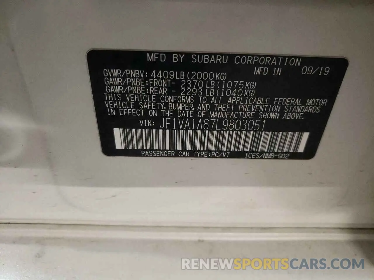 13 Photograph of a damaged car JF1VA1A67L9803051 SUBARU WRX 2020