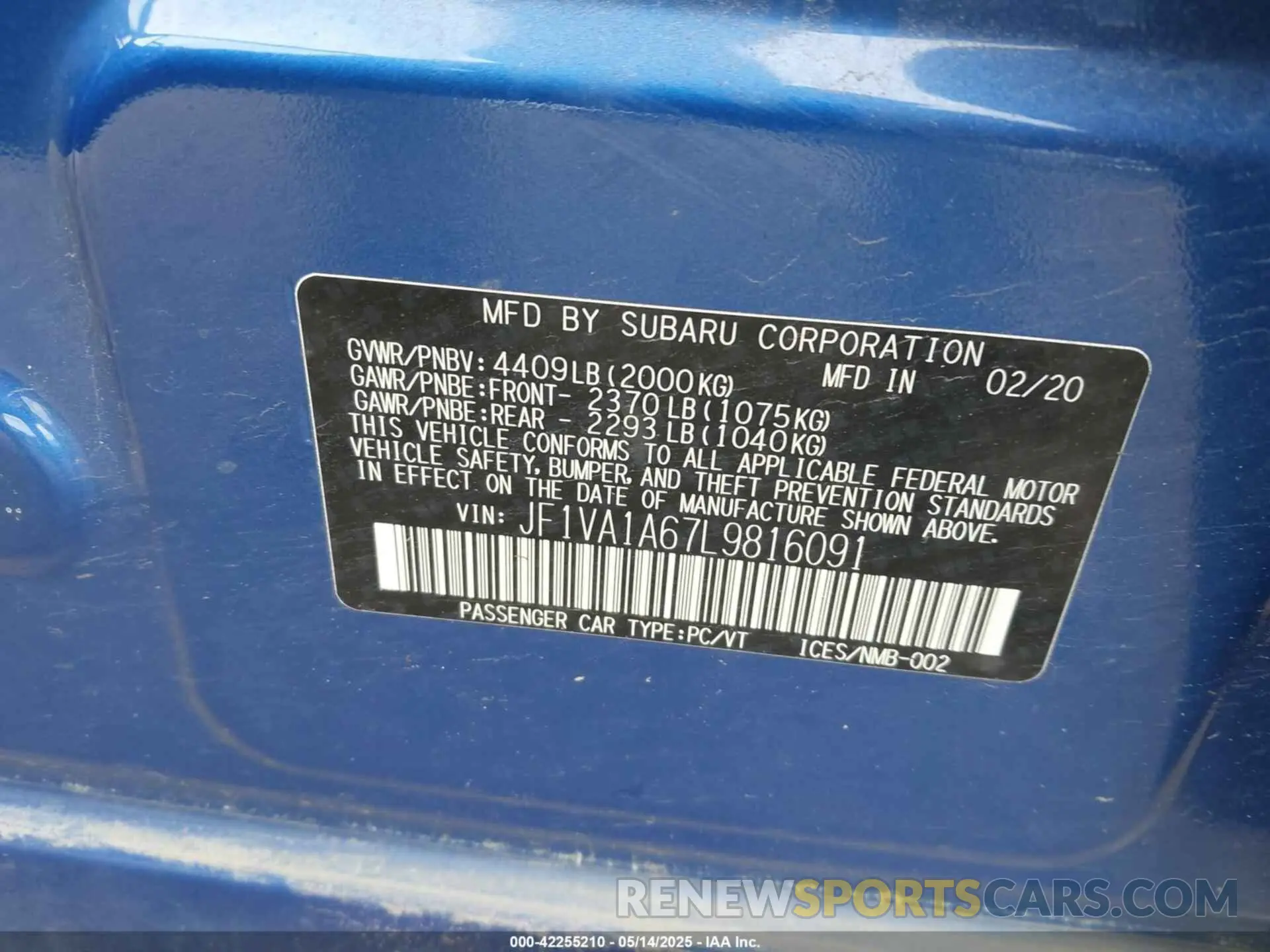9 Photograph of a damaged car JF1VA1A67L9816091 SUBARU WRX 2020