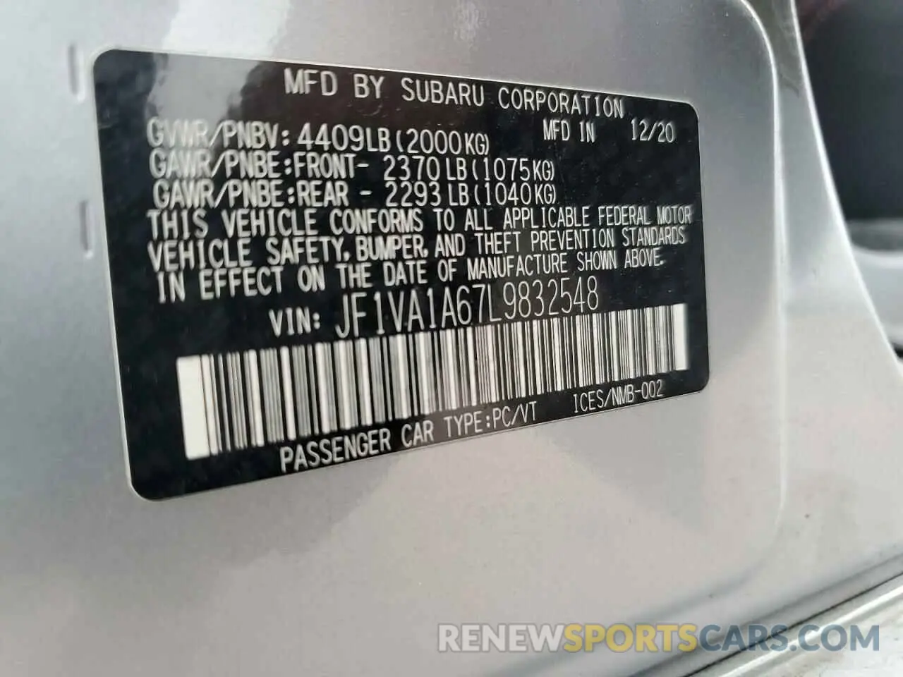 14 Photograph of a damaged car JF1VA1A67L9832548 SUBARU WRX 2020