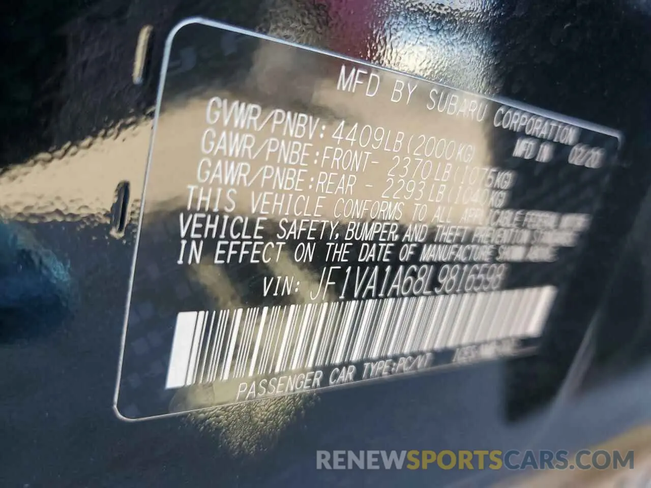 13 Photograph of a damaged car JF1VA1A68L9816598 SUBARU WRX 2020