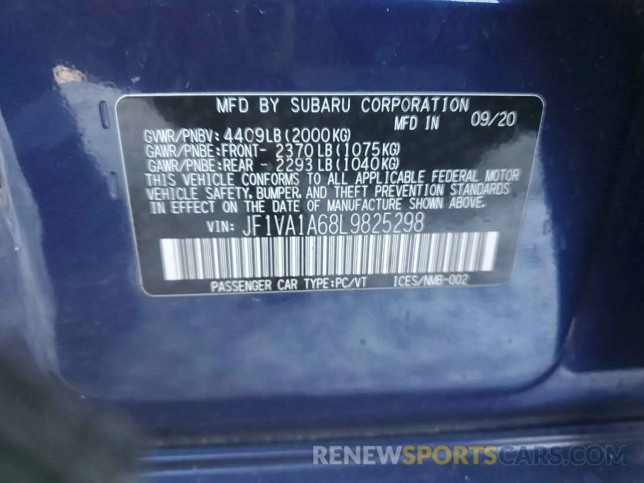 14 Photograph of a damaged car JF1VA1A68L9825298 SUBARU WRX 2020