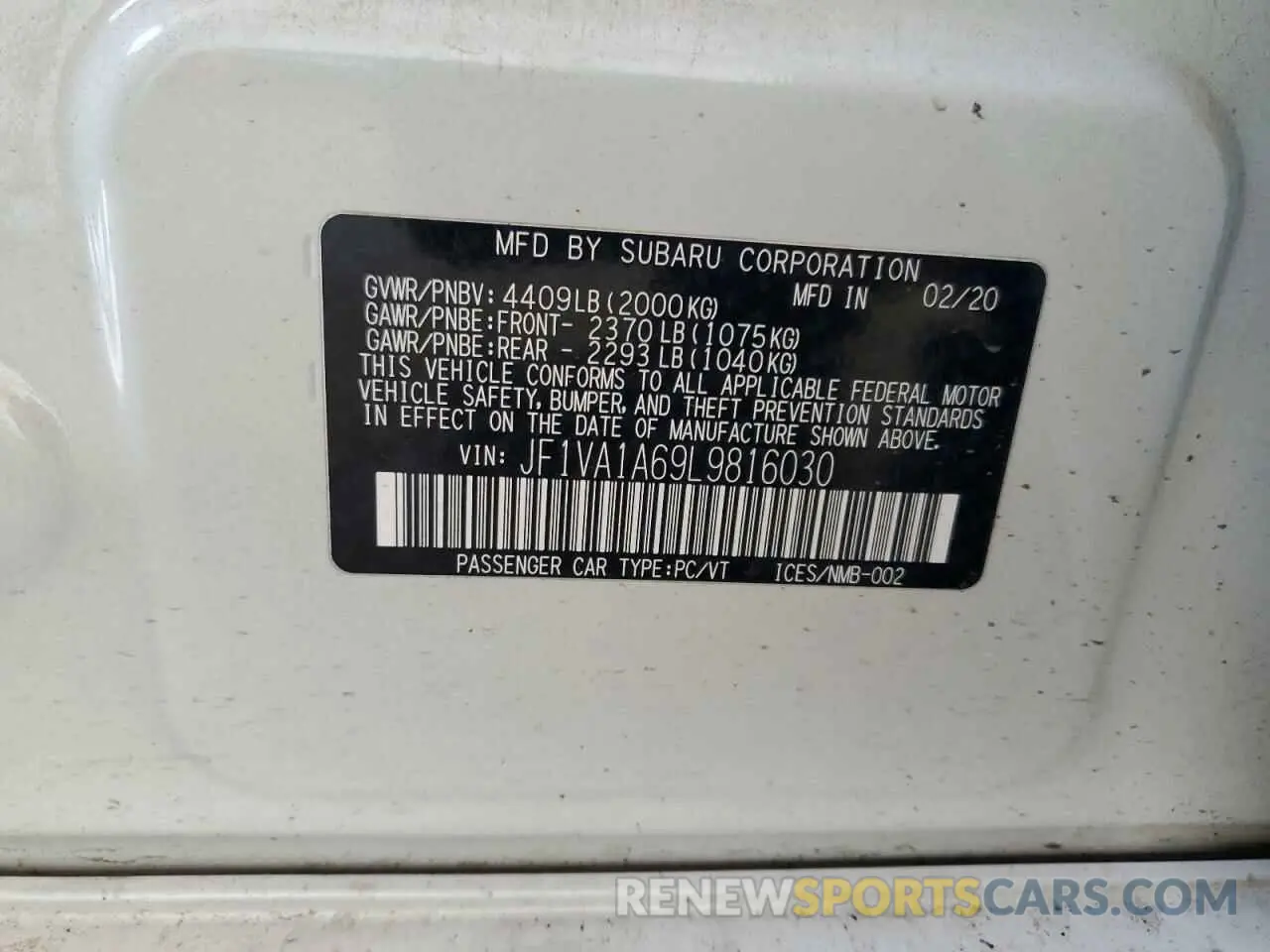 13 Photograph of a damaged car JF1VA1A69L9816030 SUBARU WRX 2020