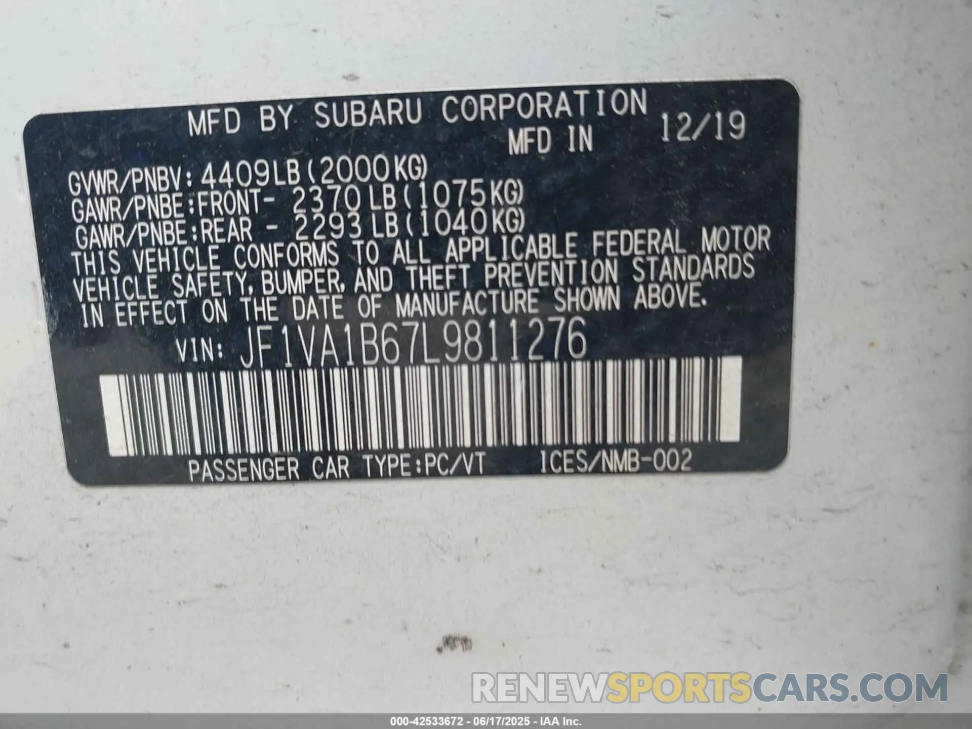 9 Photograph of a damaged car JF1VA1B67L9811276 SUBARU WRX 2020