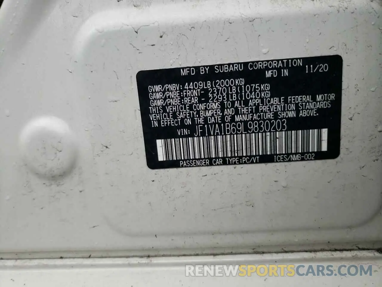 12 Photograph of a damaged car JF1VA1B69L9830203 SUBARU WRX 2020