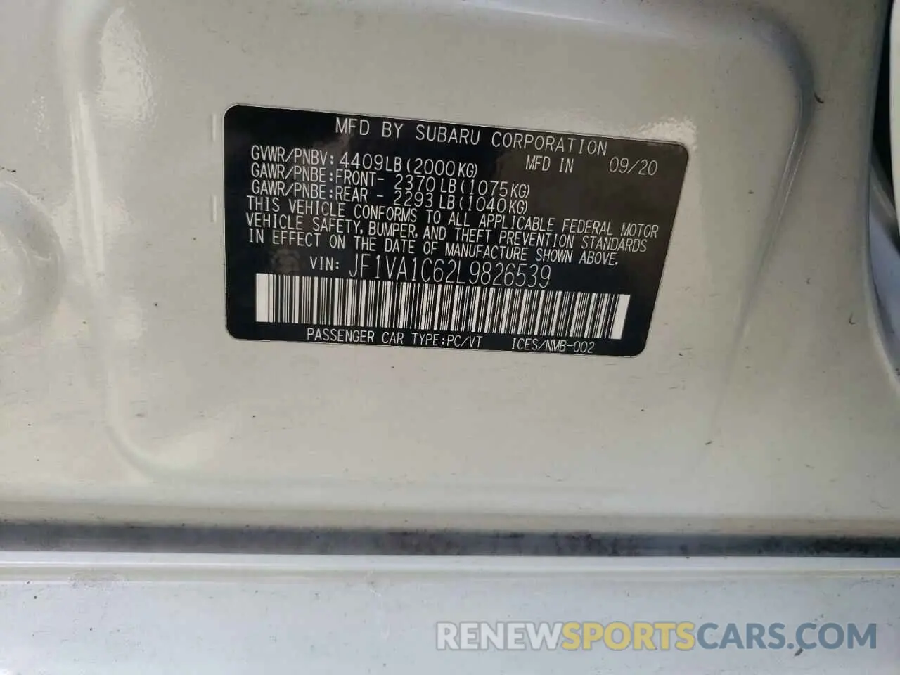 12 Photograph of a damaged car JF1VA1C62L9826539 SUBARU WRX 2020