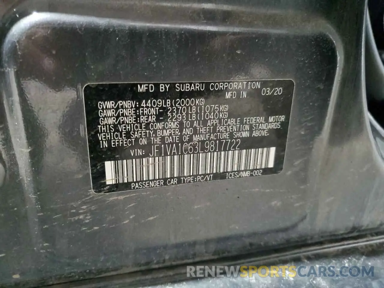 13 Photograph of a damaged car JF1VA1C63L9817722 SUBARU WRX 2020