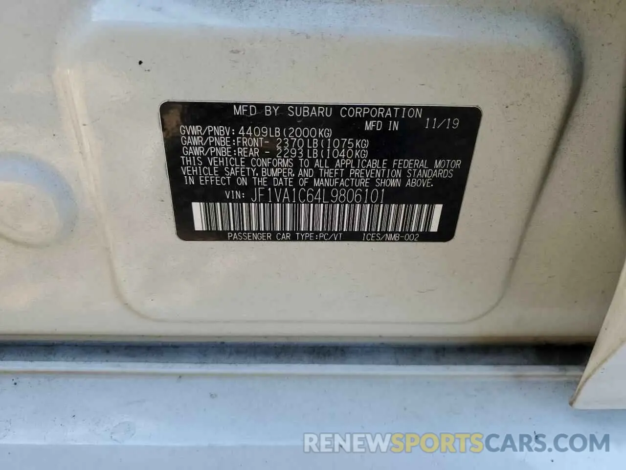 12 Photograph of a damaged car JF1VA1C64L9806101 SUBARU WRX 2020