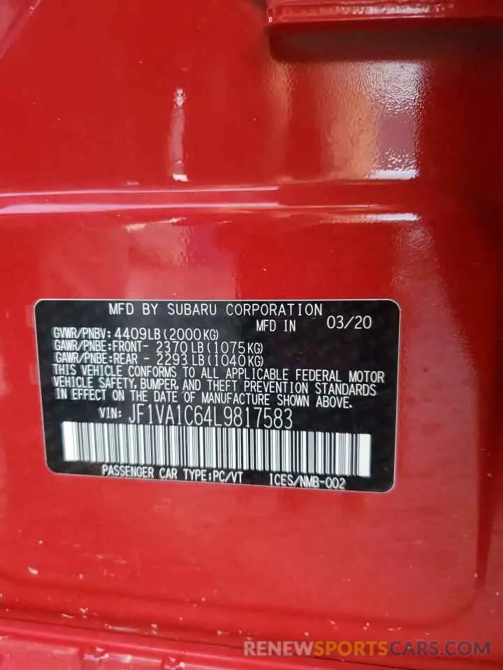 13 Photograph of a damaged car JF1VA1C64L9817583 SUBARU WRX 2020