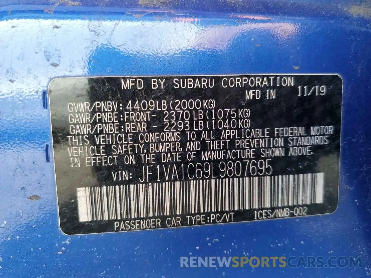 12 Photograph of a damaged car JF1VA1C69L9807695 SUBARU WRX 2020