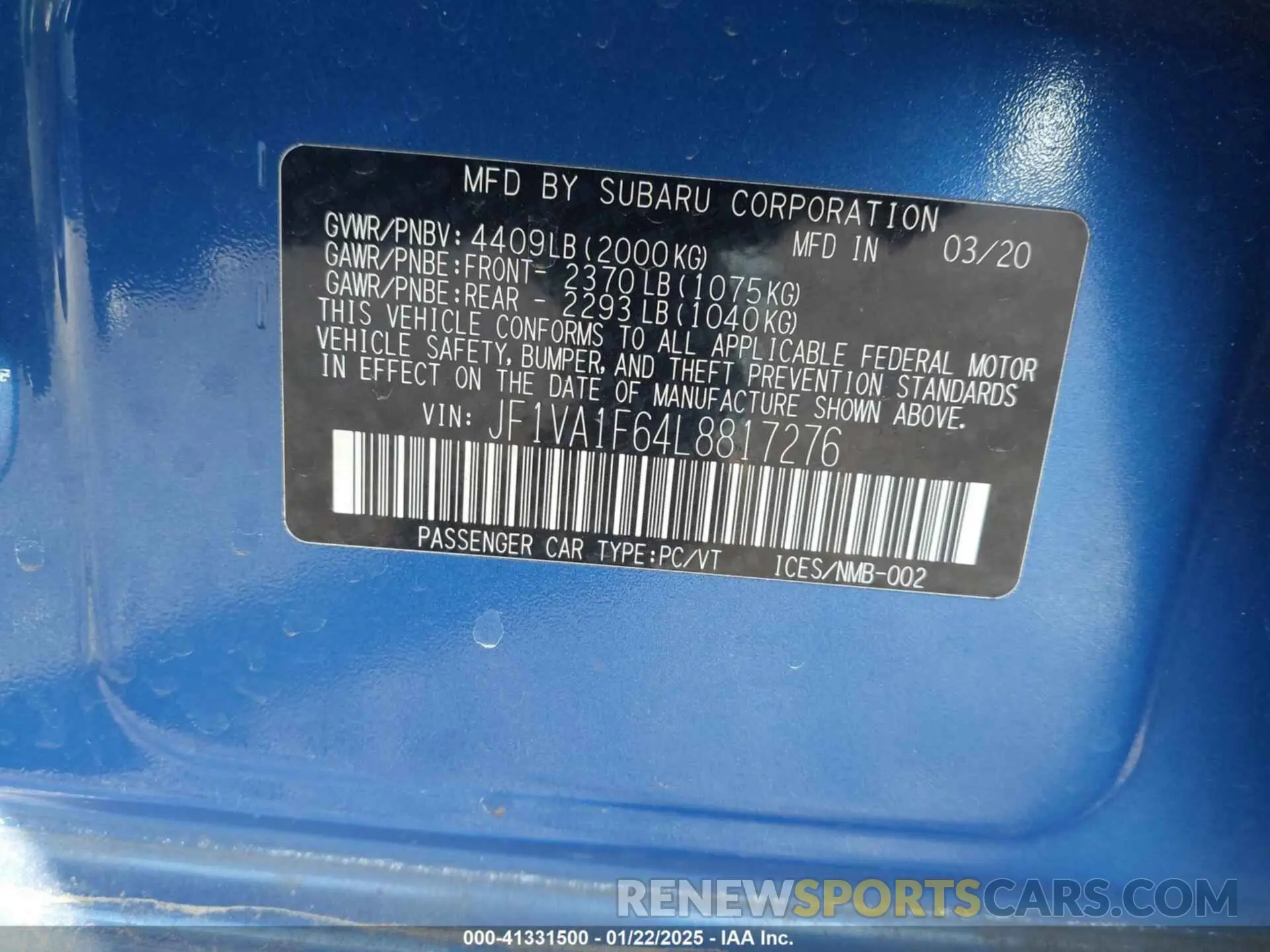 9 Photograph of a damaged car JF1VA1F64L8817276 SUBARU WRX 2020