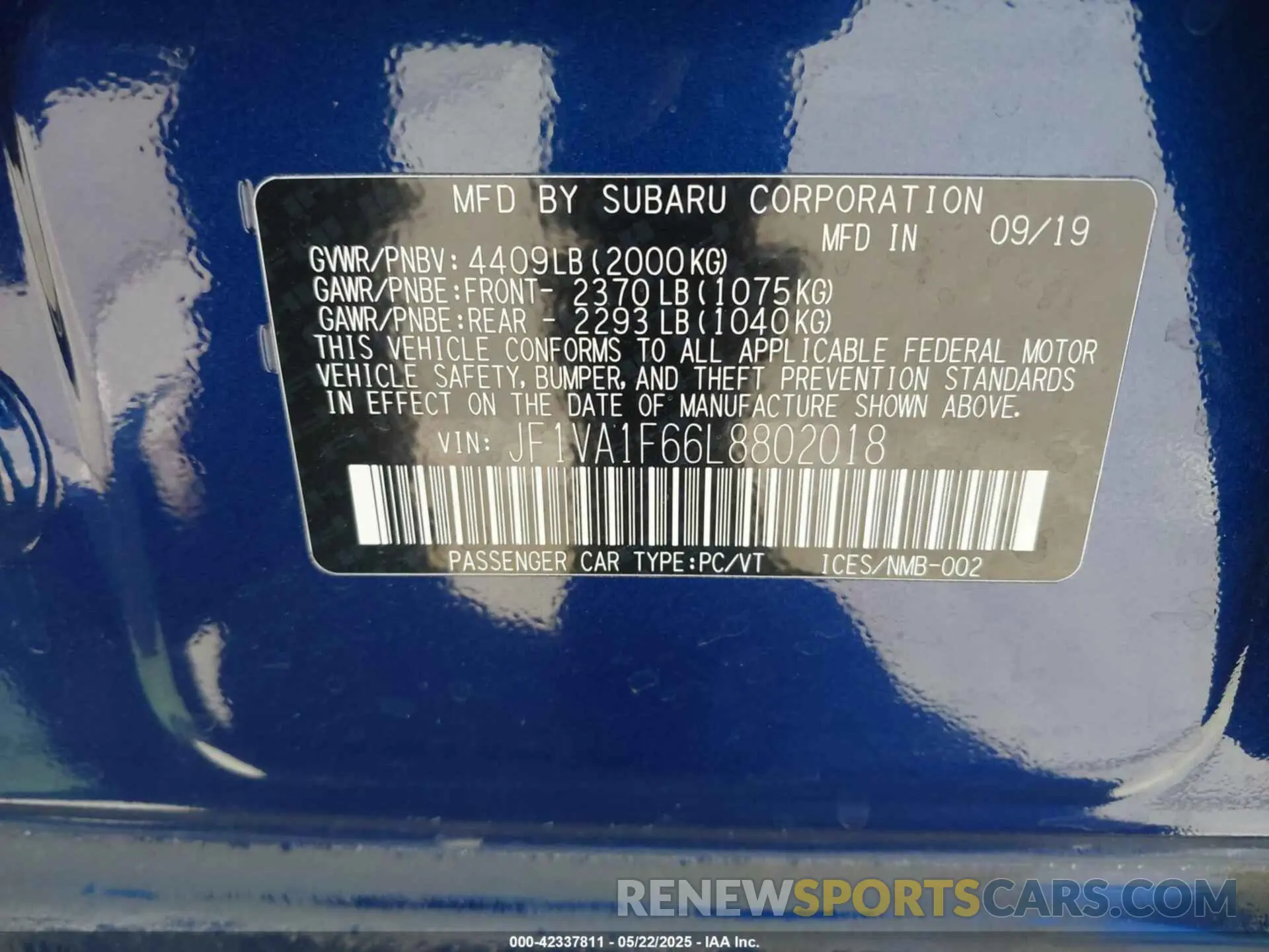 9 Photograph of a damaged car JF1VA1F66L8802018 SUBARU WRX 2020