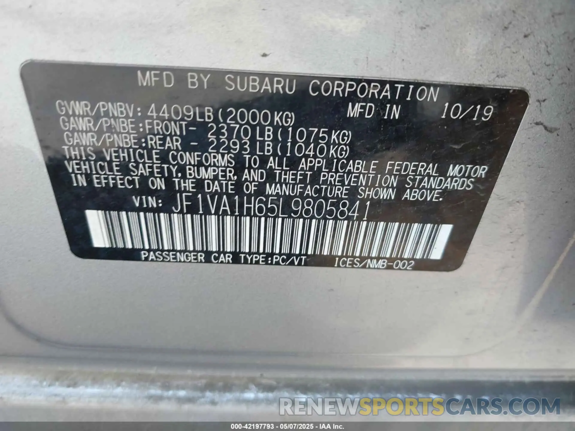 9 Photograph of a damaged car JF1VA1H65L9805841 SUBARU WRX 2020