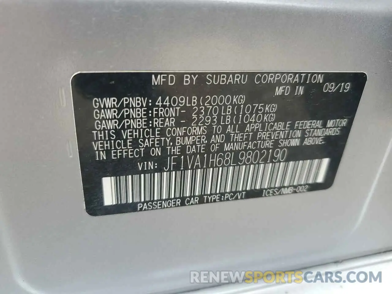 12 Photograph of a damaged car JF1VA1H68L9802190 SUBARU WRX 2020