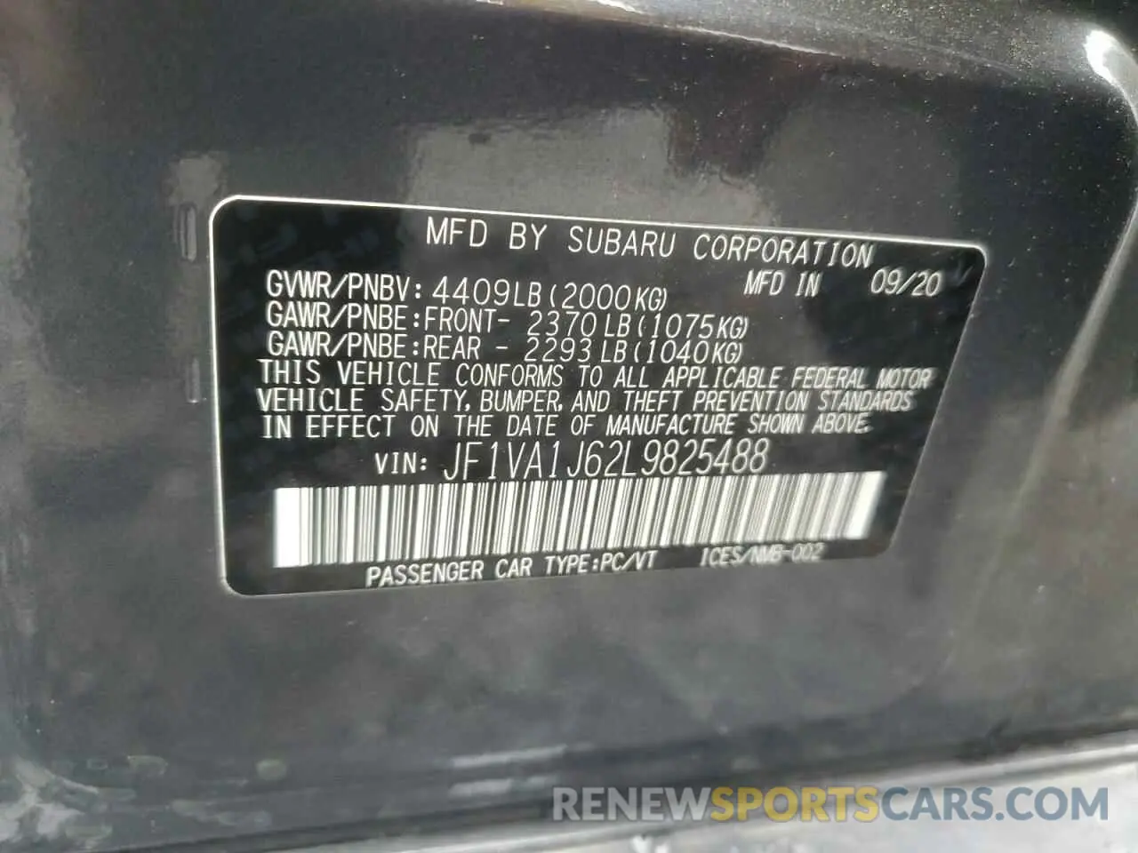 13 Photograph of a damaged car JF1VA1J62L9825488 SUBARU WRX 2020