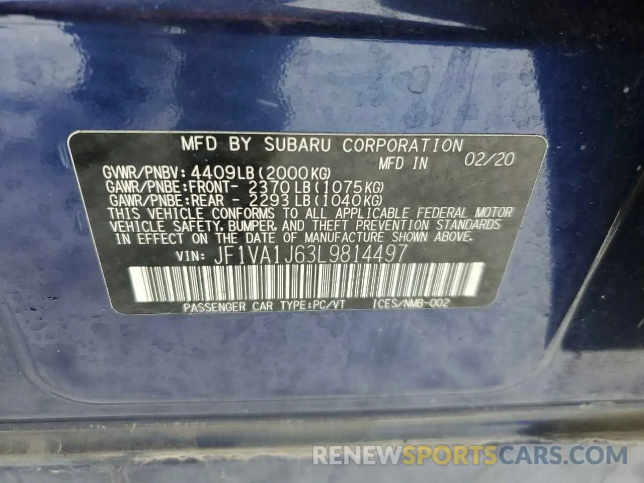 13 Photograph of a damaged car JF1VA1J63L9814497 SUBARU WRX 2020