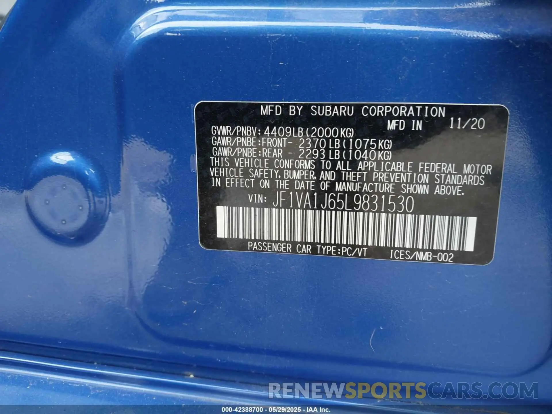 9 Photograph of a damaged car JF1VA1J65L9831530 SUBARU WRX 2020