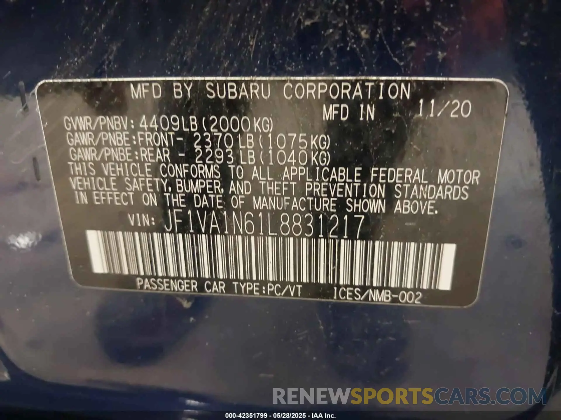 9 Photograph of a damaged car JF1VA1N61L8831217 SUBARU WRX 2020