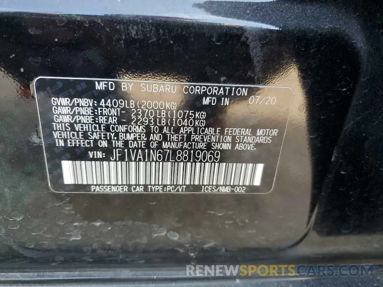 12 Photograph of a damaged car JF1VA1N67L8819069 SUBARU WRX 2020