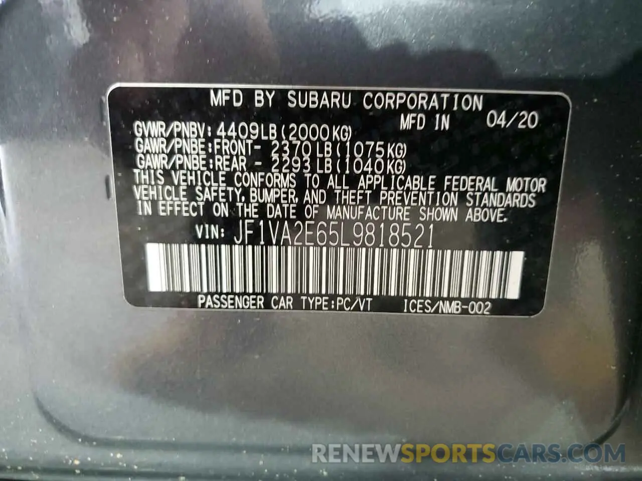12 Photograph of a damaged car JF1VA2E65L9818521 SUBARU WRX 2020