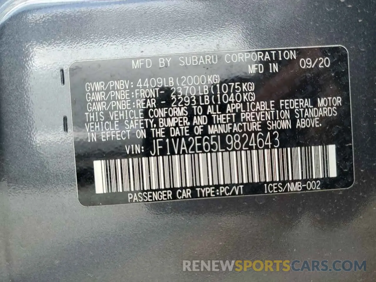 13 Photograph of a damaged car JF1VA2E65L9824643 SUBARU WRX 2020