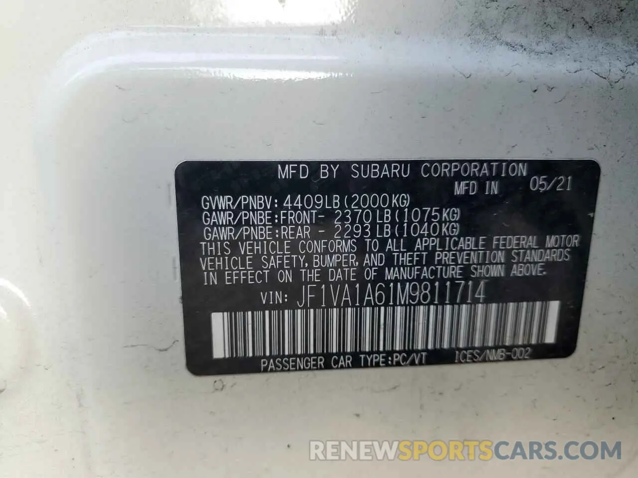 12 Photograph of a damaged car JF1VA1A61M9811714 SUBARU WRX 2021