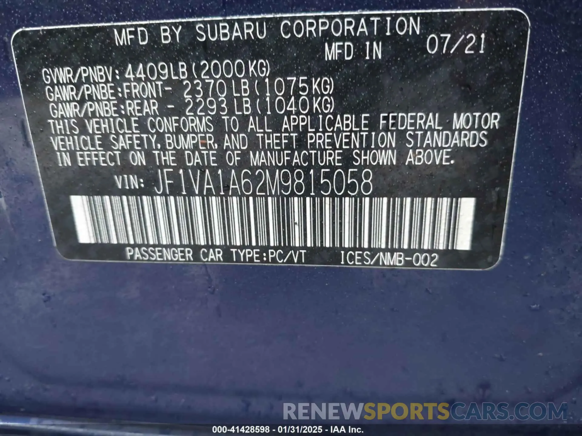 9 Photograph of a damaged car JF1VA1A62M9815058 SUBARU WRX 2021