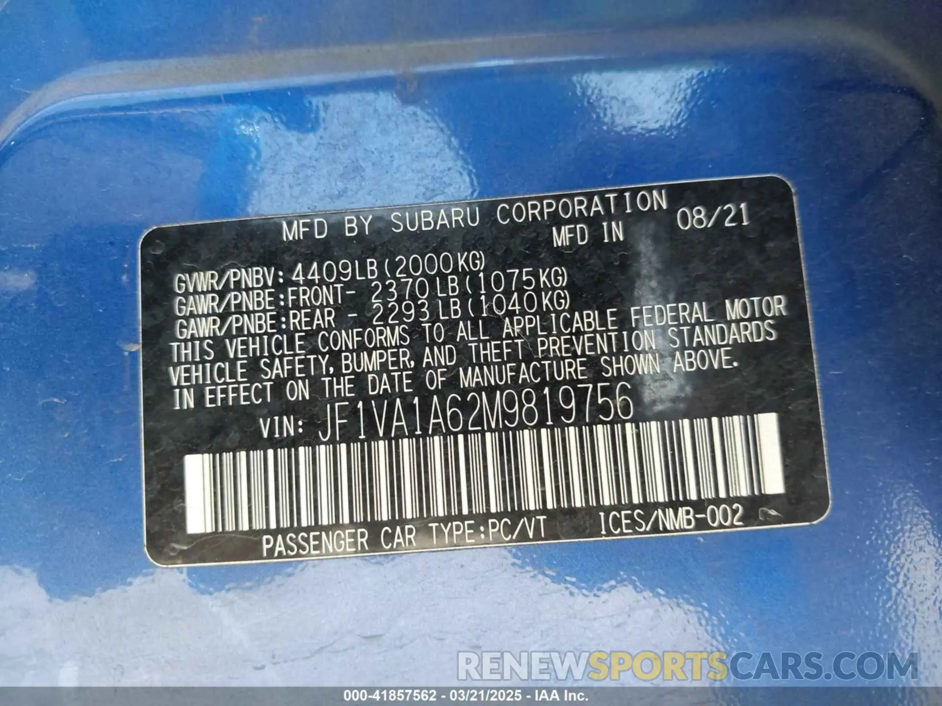 9 Photograph of a damaged car JF1VA1A62M9819756 SUBARU WRX 2021
