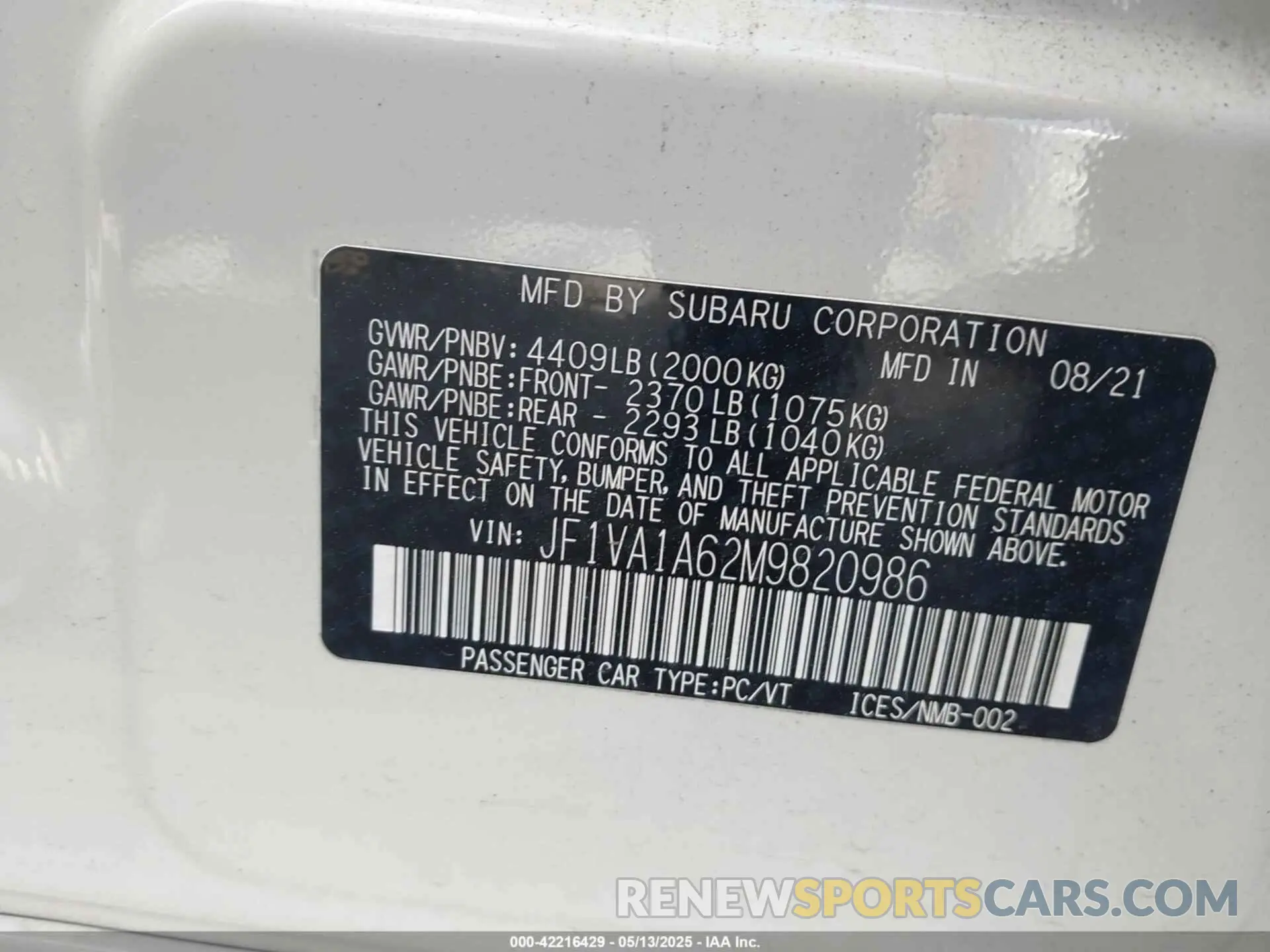 9 Photograph of a damaged car JF1VA1A62M9820986 SUBARU WRX 2021