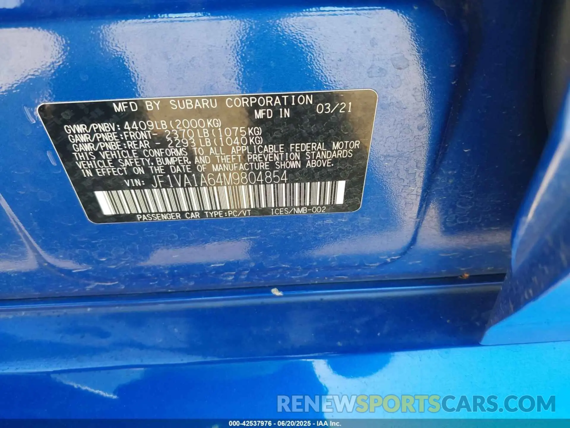 9 Photograph of a damaged car JF1VA1A64M9804854 SUBARU WRX 2021