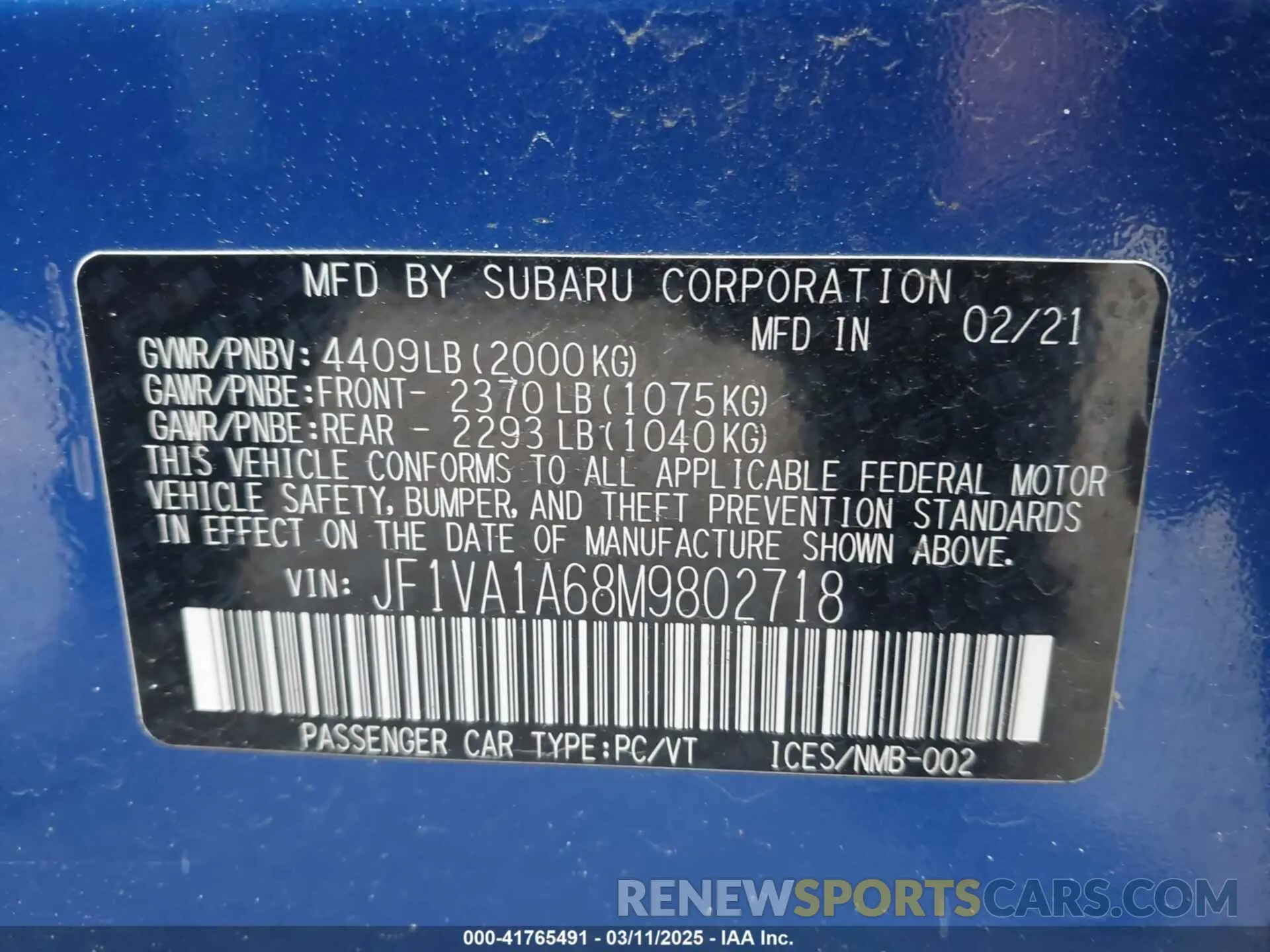 9 Photograph of a damaged car JF1VA1A68M9802718 SUBARU WRX 2021