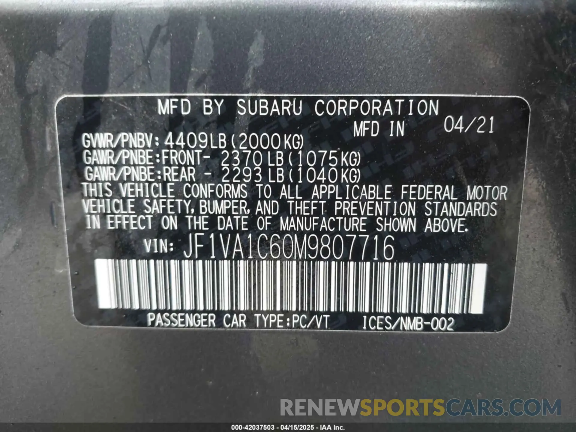 9 Photograph of a damaged car JF1VA1C60M9807716 SUBARU WRX 2021
