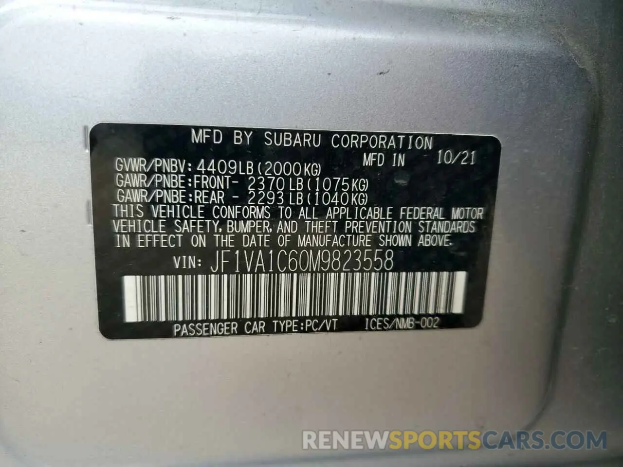 12 Photograph of a damaged car JF1VA1C60M9823558 SUBARU WRX 2021