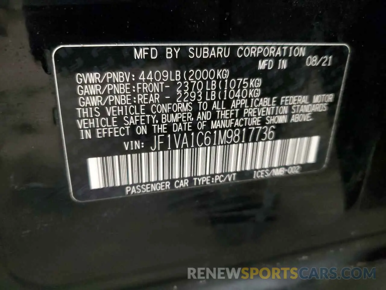 13 Photograph of a damaged car JF1VA1C61M9817736 SUBARU WRX 2021