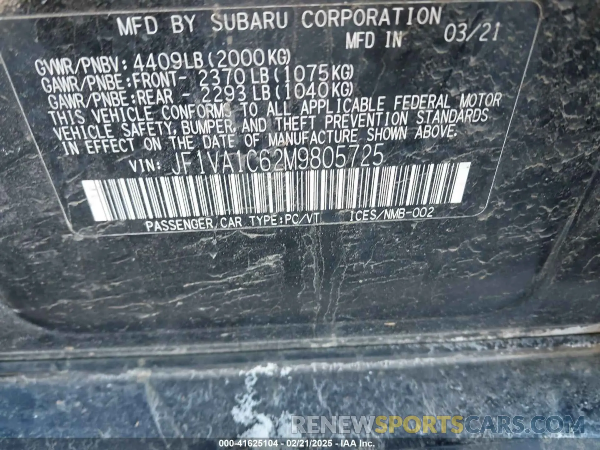 9 Photograph of a damaged car JF1VA1C62M9805725 SUBARU WRX 2021