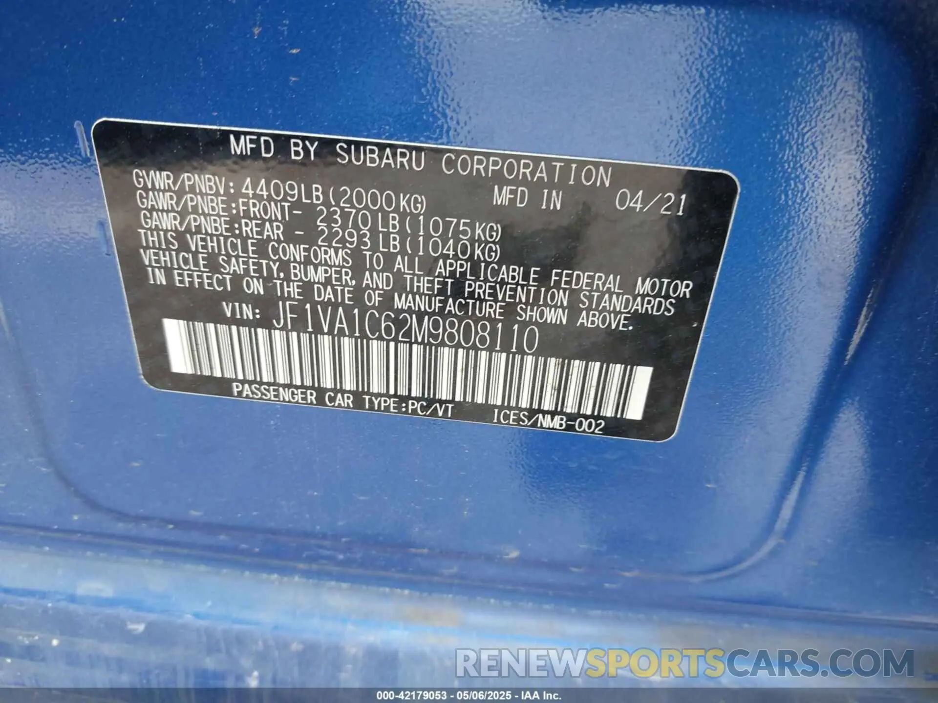 9 Photograph of a damaged car JF1VA1C62M9808110 SUBARU WRX 2021