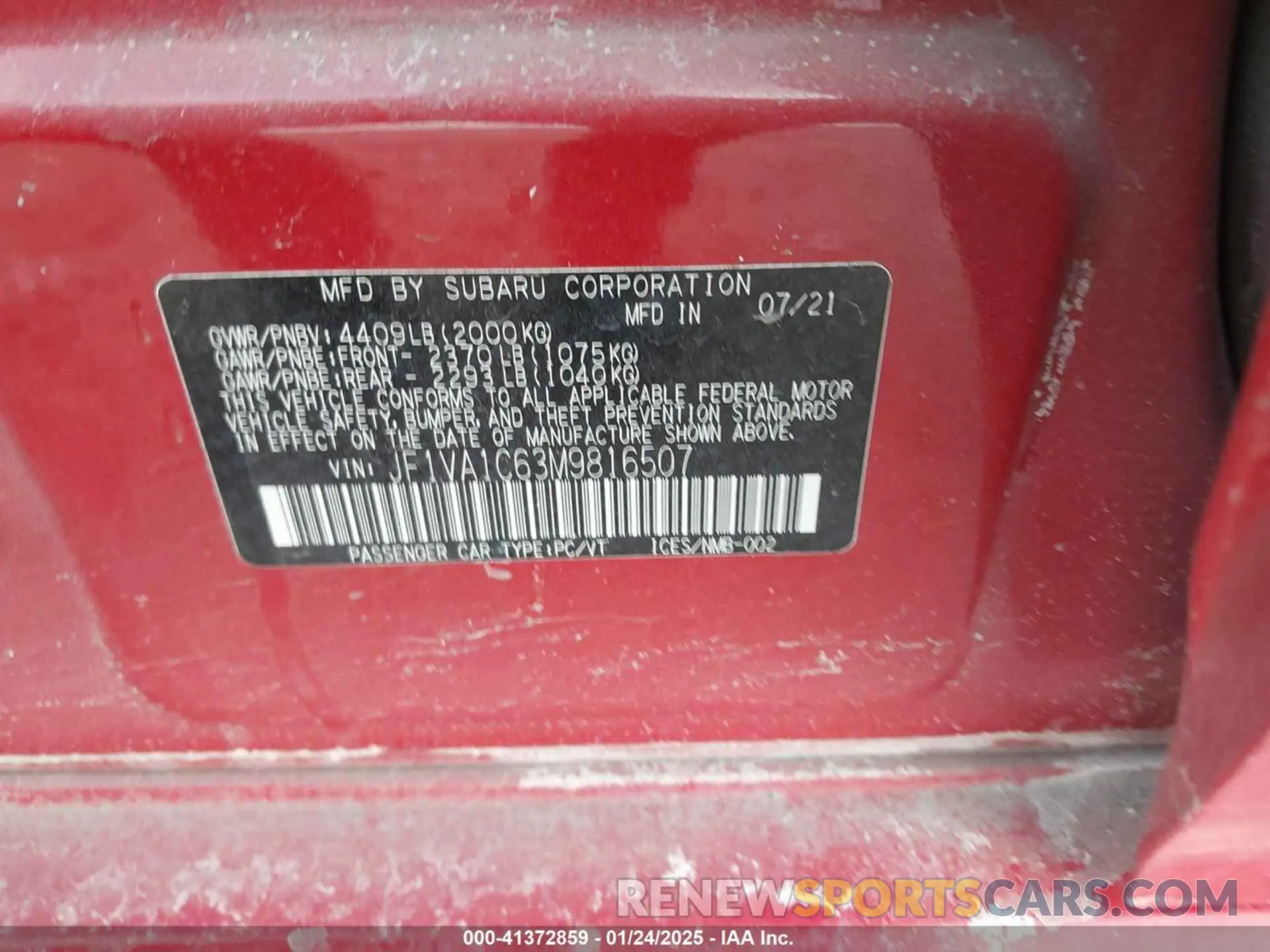 9 Photograph of a damaged car JF1VA1C63M9816507 SUBARU WRX 2021
